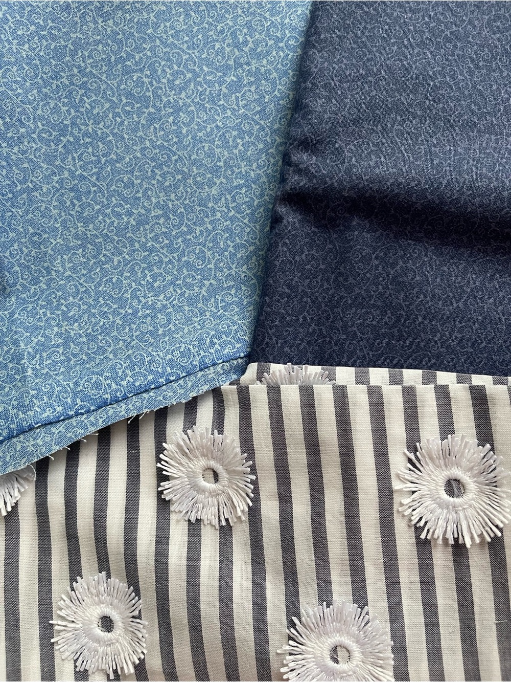 ✨$10 OFF $40✨ Cotton Fabric Remnants Blue Vine Print Stripe Embroidered Floral